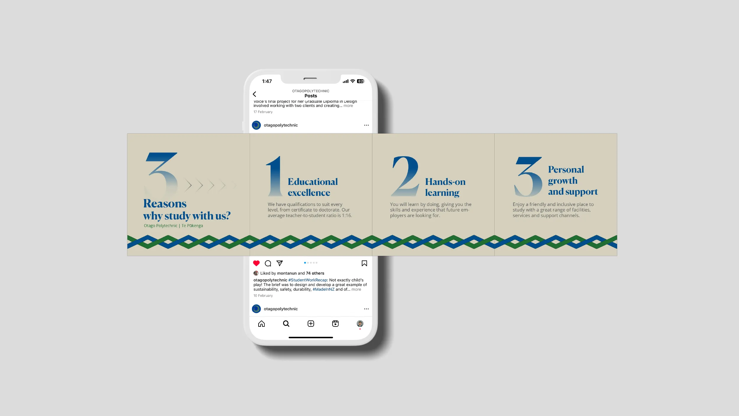 POV designed a modular social media template suite for Otago Polytechnic Te Pukenga, enabling the communications team to produce consistent, professional content across Instagram, Facebook, and LinkedIn at scale. Location: Dunedin, New Zealand POV New Zealand - www.pov.nz