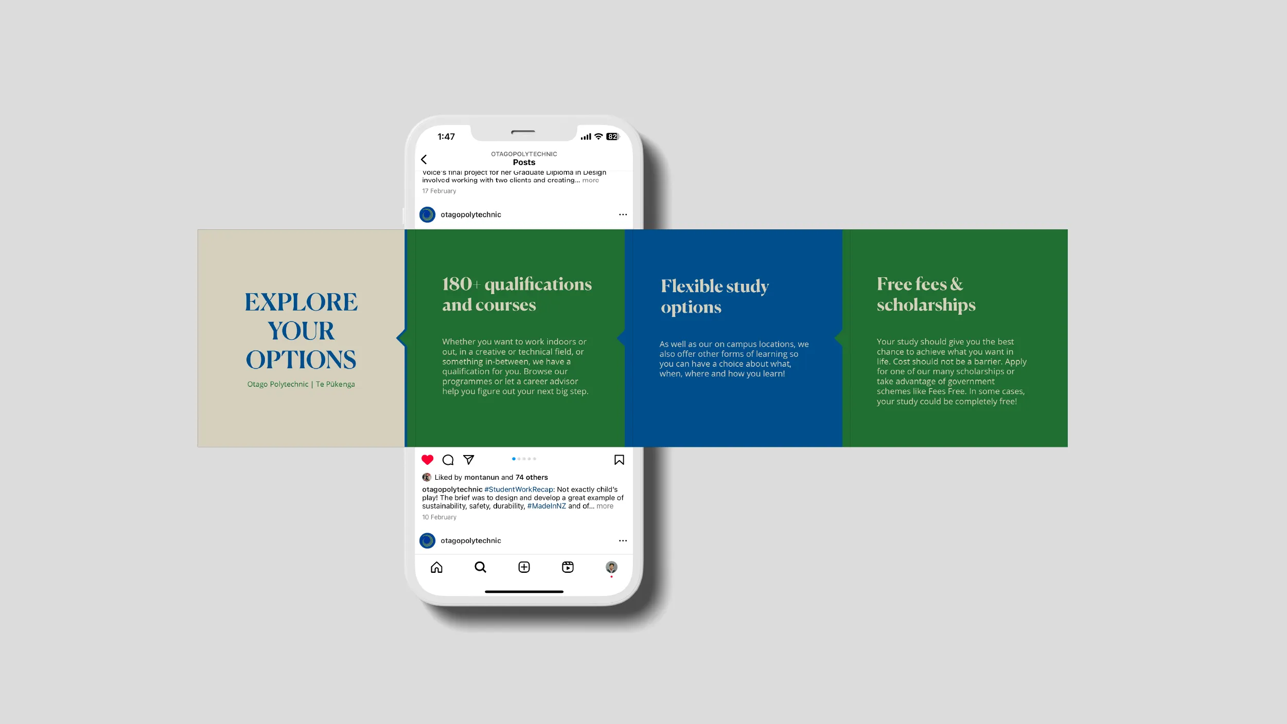 POV designed a modular social media template suite for Otago Polytechnic Te Pukenga, enabling the communications team to produce consistent, professional content across Instagram, Facebook, and LinkedIn at scale. Location: Dunedin, New Zealand POV New Zealand - www.pov.nz